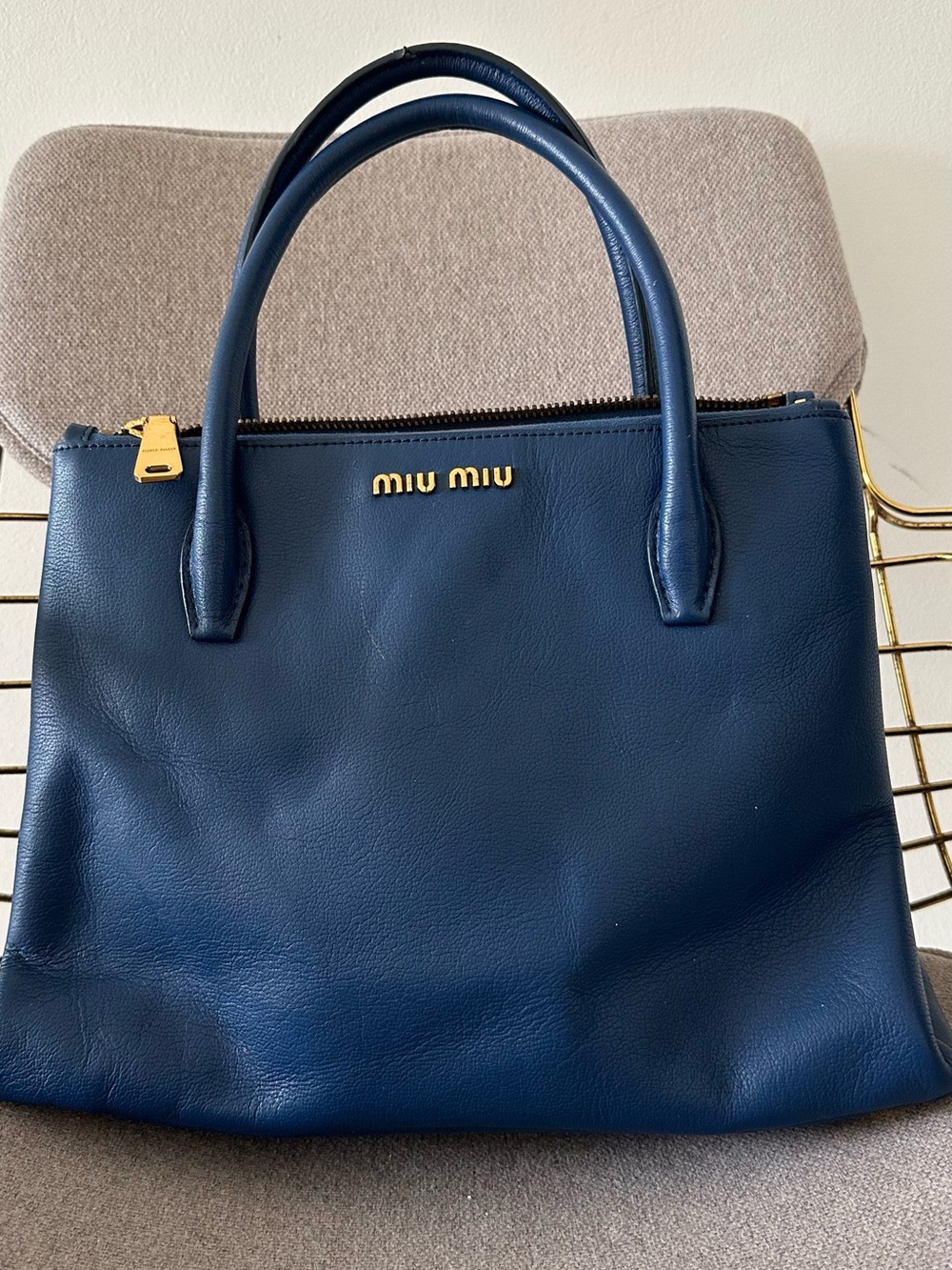 Miu Miu Deep Blue Leather Satchel with Gold Hardware